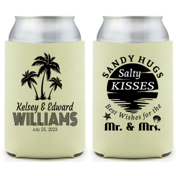 Customized Sandy Hugs And Salty Kisses Beach Wedding Full Color Can Coolers