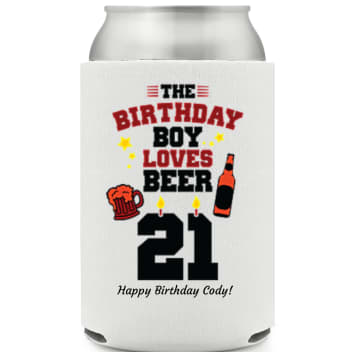 21st Birthday Boy Loves Beer Full Color Can Coolers