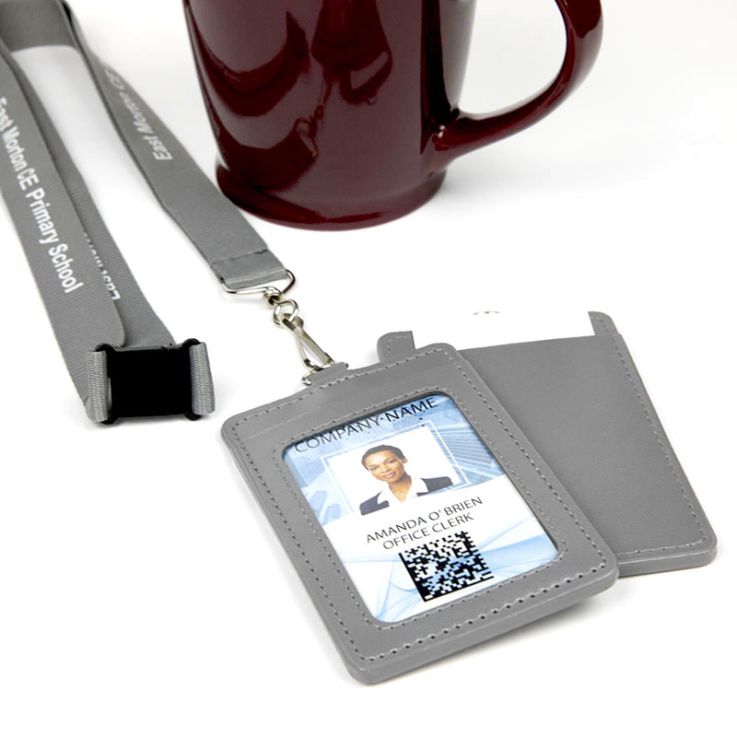 Grey Lanyard with White Imprint Color and Grey PU Card Holder - Wallet