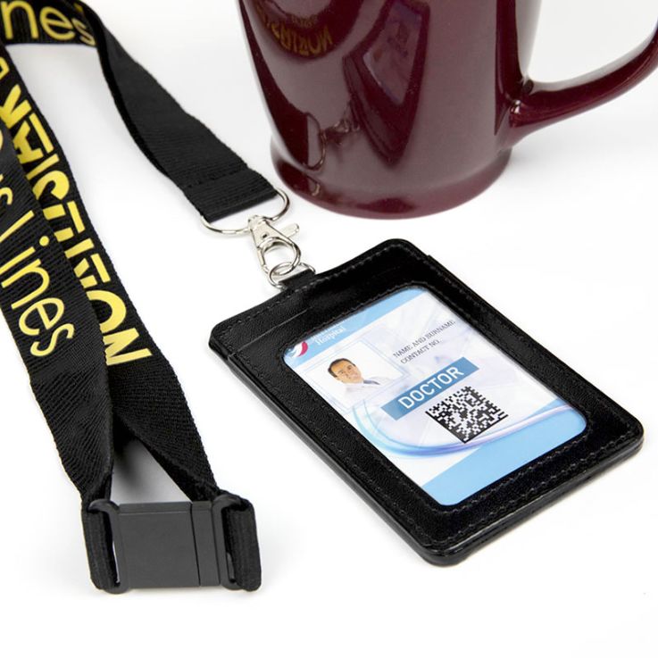 Black Lanyard with Yellow Imprint Color and Black PU Card Holder - Wallet