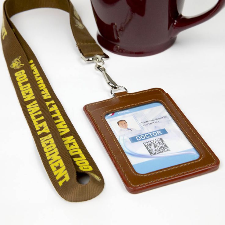 Brown Lanyard with Yellow Imprint Color and Brown PU Card Holder - Wallet
