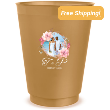 Custom Wedding Photo In Floral Wreath Frosted Stadium Cups