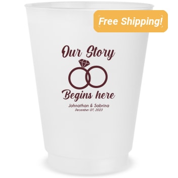 Customized Our Story Begins Here Wedding Frosted Stadium Cups