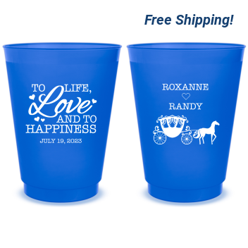 Custom Life Love And Happiness Carriage Fairytale Wedding Frosted Stadium Cups