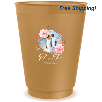 Custom Wedding Photo In Floral Wreath Frosted Stadium Cups