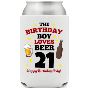 21st Birthday Boy Loves Beer Full Color Can Coolers