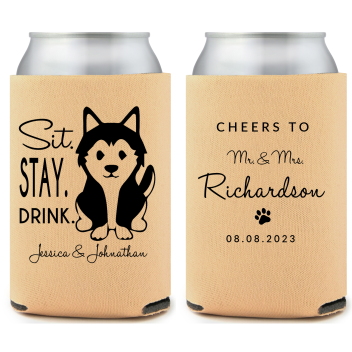 Custom Husky Sit Stay Drink Pet Wedding Full Color Can Coolers