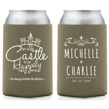 Custom Off To Our Castle Happily Ever After Fairytale Wedding Full Color Can Coolers
