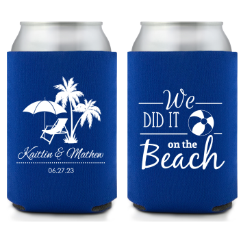Custom We Did It On The Beach Wedding Full Color Can Coolers