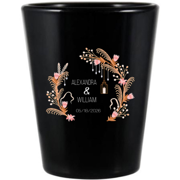 Personalized Bohemian Lights And Florals Wedding Black Shot Glasses