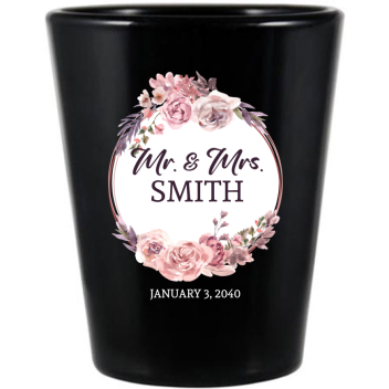 Personalized Classic Wedding Floral Wreath Black Shot Glasses