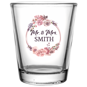 Personalized Classic Wedding Floral Wreath Clear Shot Glasses