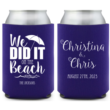 Personalized We Did It On The Beach Wedding Full Color Can Coolers
