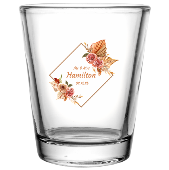 Custom Last Name Bohemian Floral Wedding Clear Shot Glasses