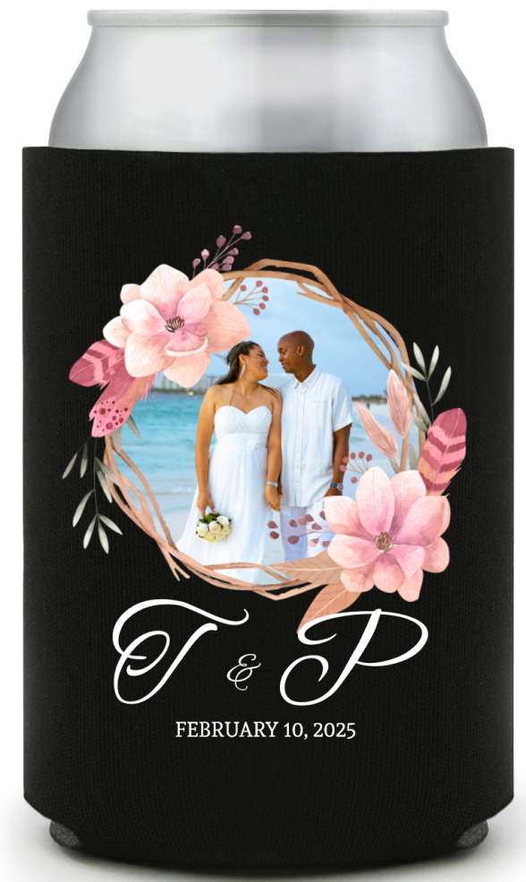 Custom Wedding Photo In Floral Wreath Full Color Can Coolers