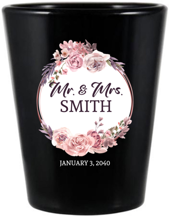 Personalized Classic Wedding Floral Wreath Black Shot Glasses