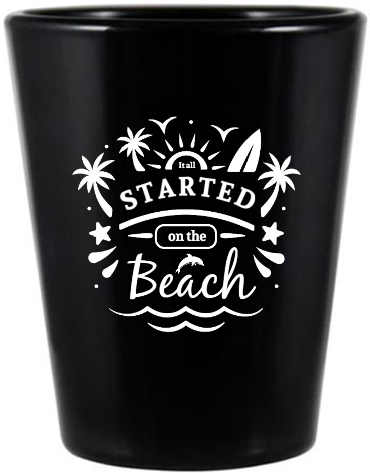 Custom Tropical It All Started On The Beach Wedding Black Shot Glasses