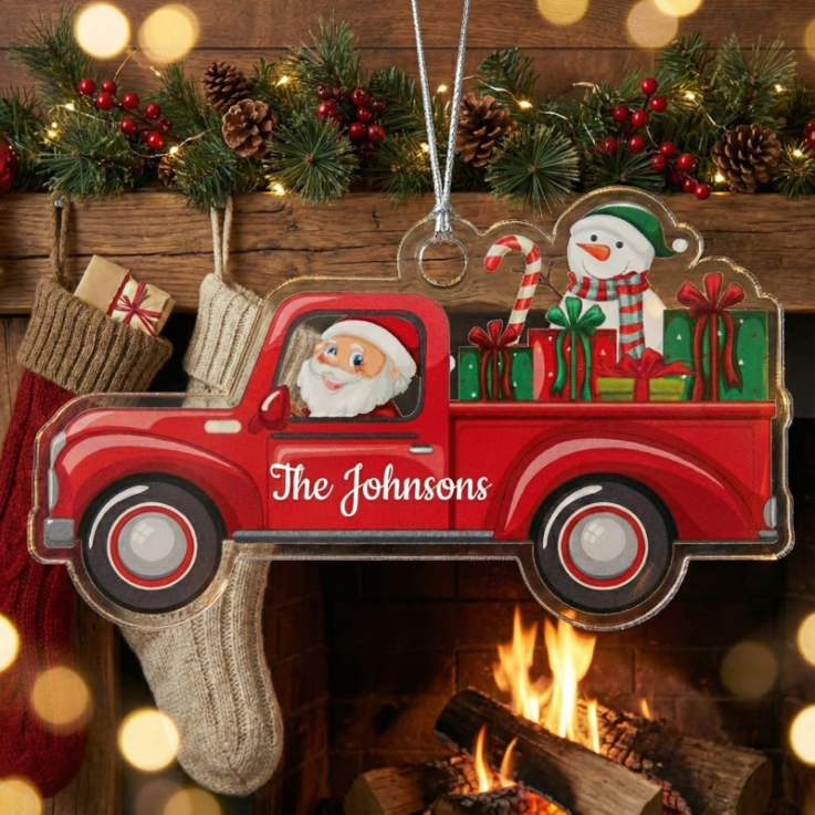 Personalized Santa Snowman in Gift Truck Ornaments - 