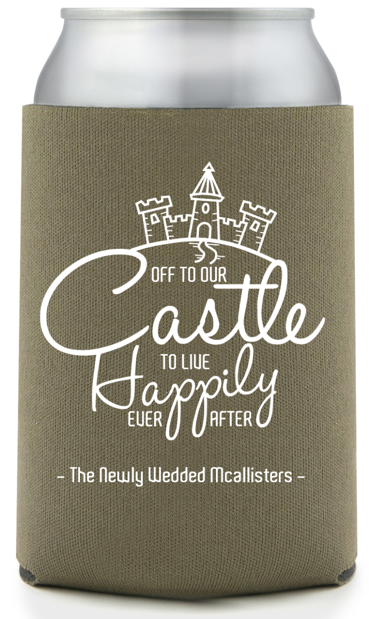 Custom Off To Our Castle Happily Ever After Fairytale Wedding Full Color Can Coolers