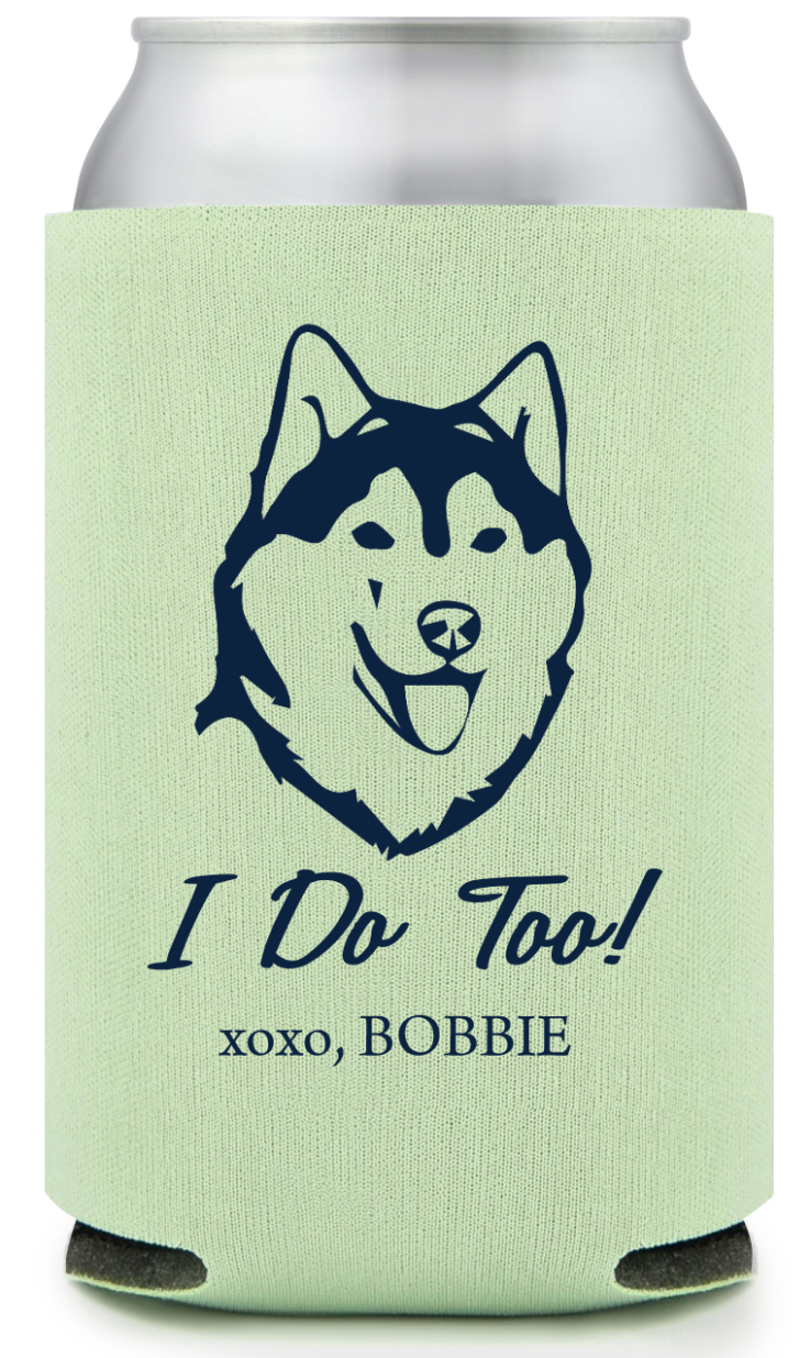 Personalized Husky I Do Too Pet Wedding Full Color Can Coolers