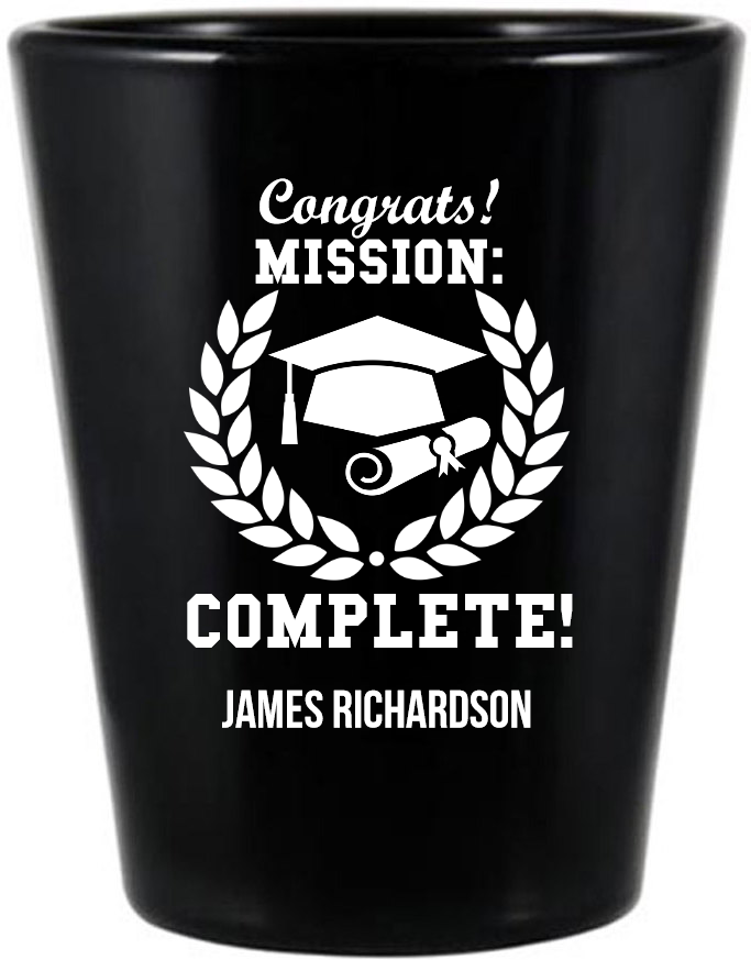 Custom Congrats Mission Complete Graduation Black Shot Glasses
