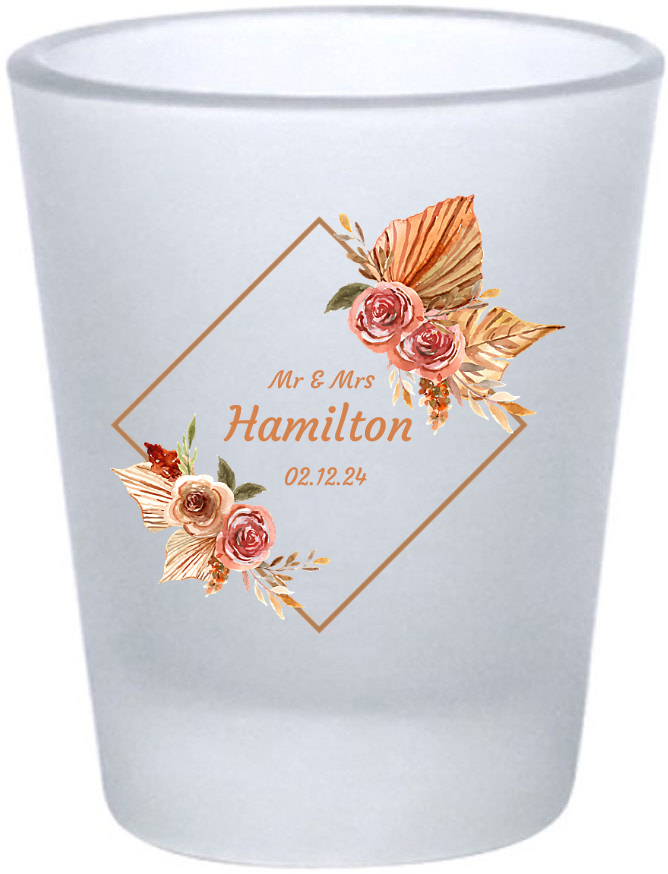 Custom Last Name Bohemian Floral Wedding Frosted Shot Glasses