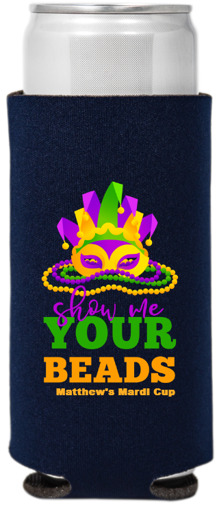 Show Me Your Beads Mardi Gras Full Color Slim Can Coolers