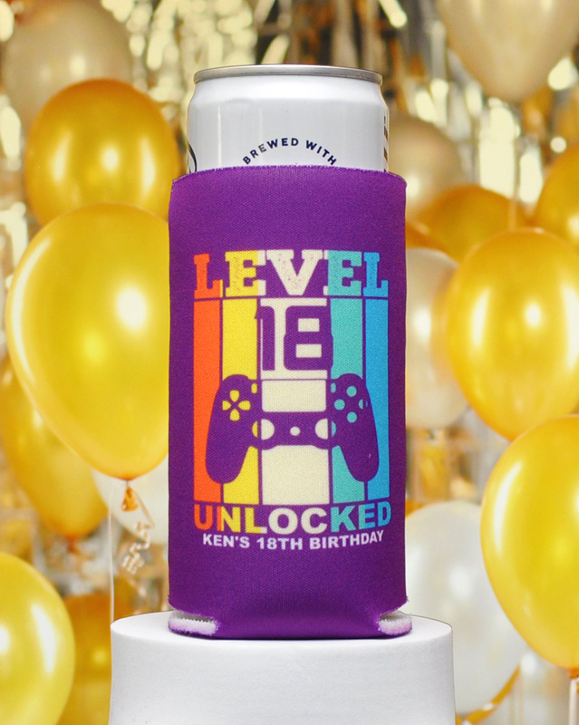 Level 18 Unlocked Birthday Full Color Slim Can Coolers - Slim Can Coolers
