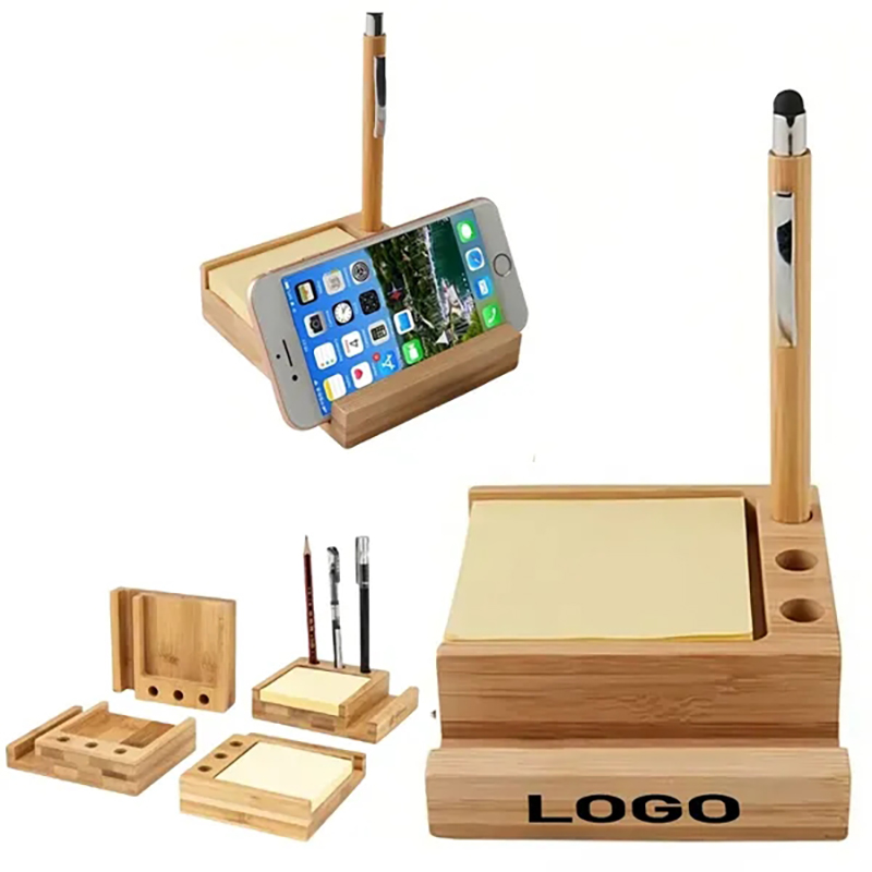 Wooden Desk Organizer Notepad Sticky Notes Pen Phone Holder