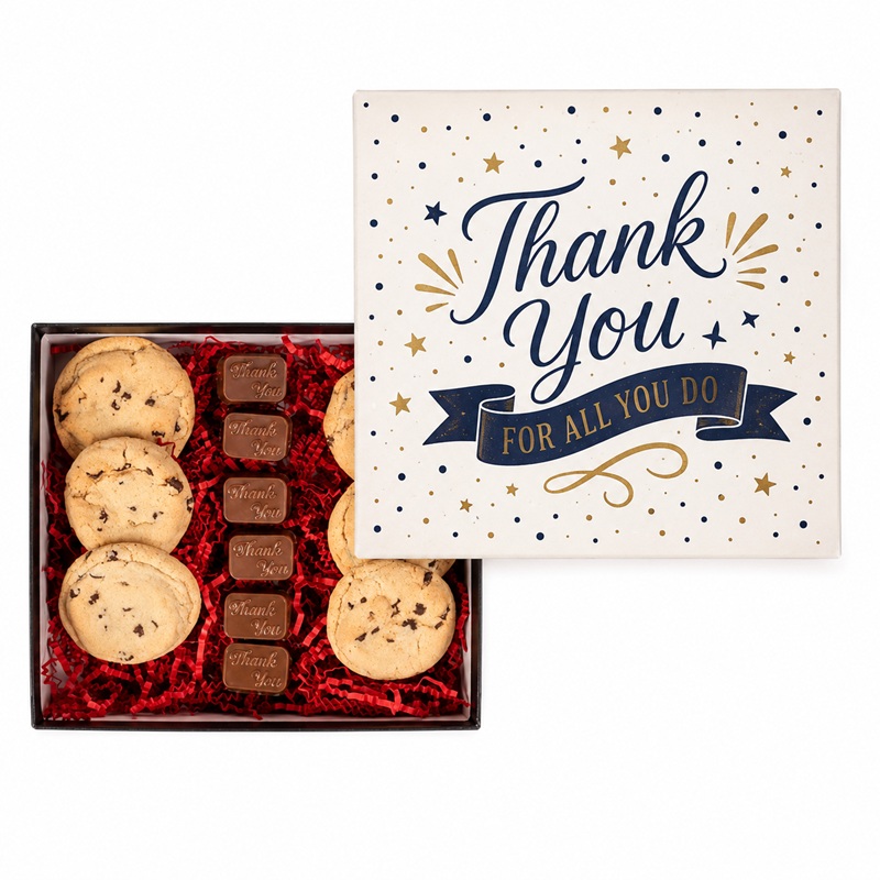 Chocolate Chip Cookies And Molded Chocolates In Gift Box