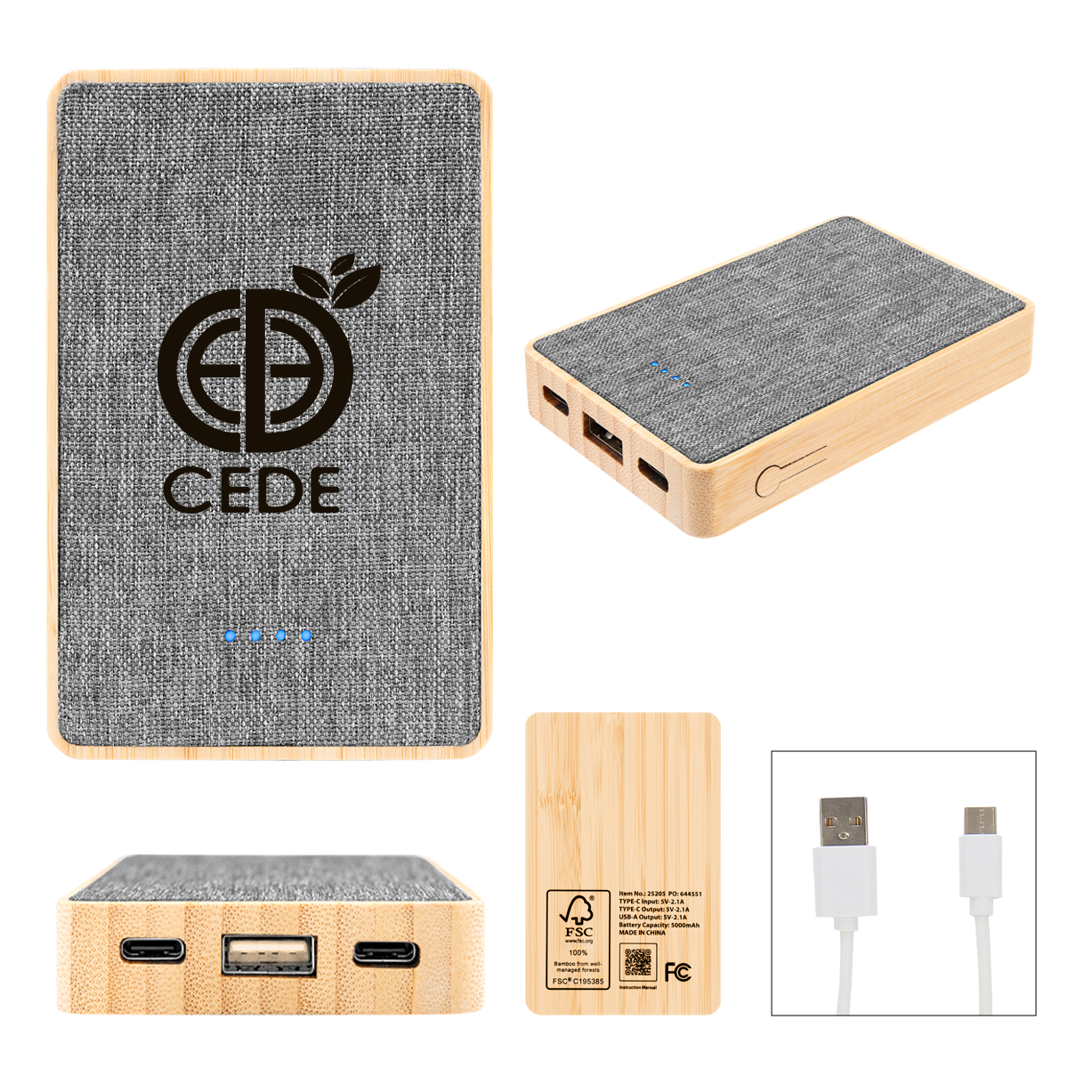 5000 MAh Bamboo & Recycled Fabric Power Bank