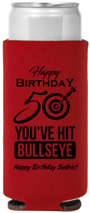 Bullseye 50th Birthday Full Color Slim Can Coolers