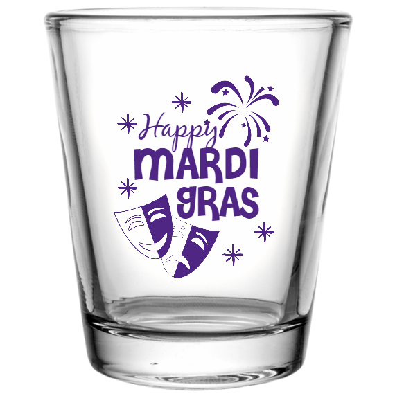 Mardi Gras Happy Custom Clear Shot Glasses- 1.75 oz. Style 129657