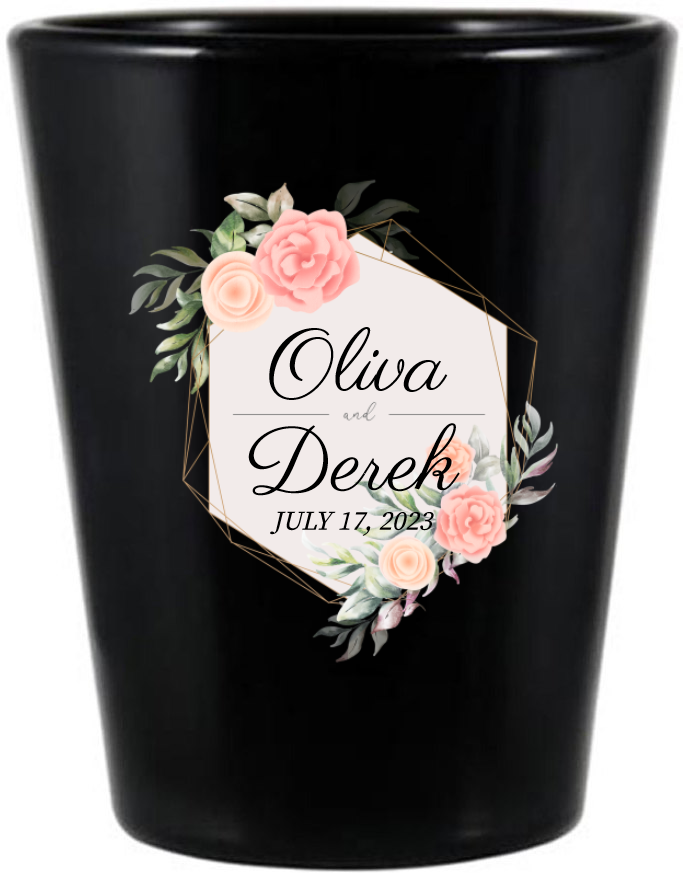 Custom Elegant Floral Personalized Wedding Black Shot Glasses