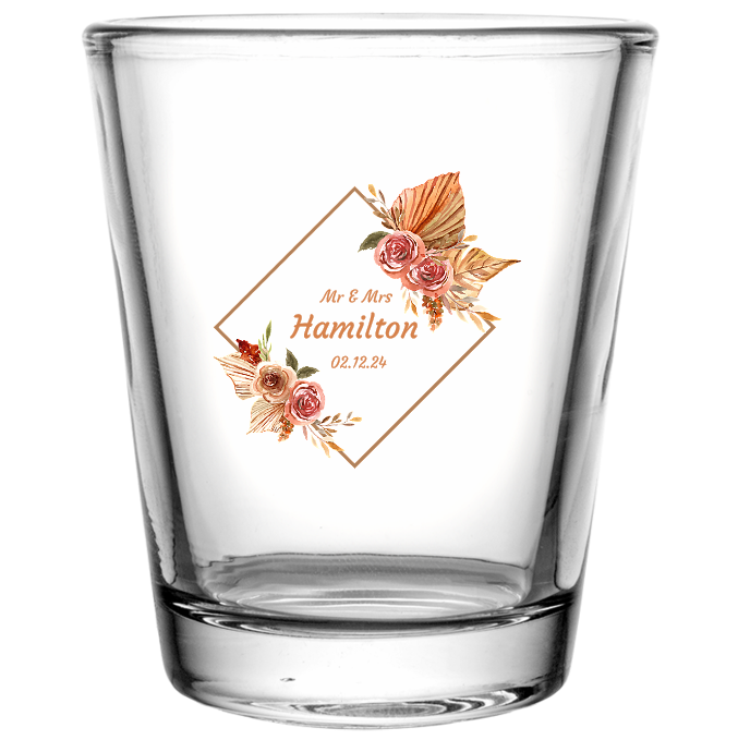 Custom Last Name Bohemian Floral Wedding Clear Shot Glasses