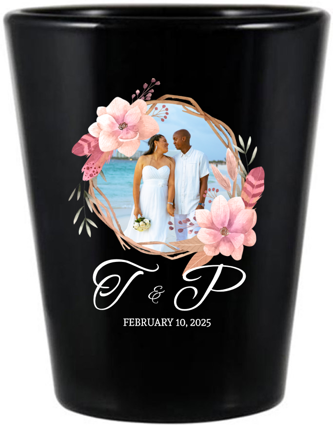 Custom Wedding Photo In Floral Wreath Black Shot Glasses