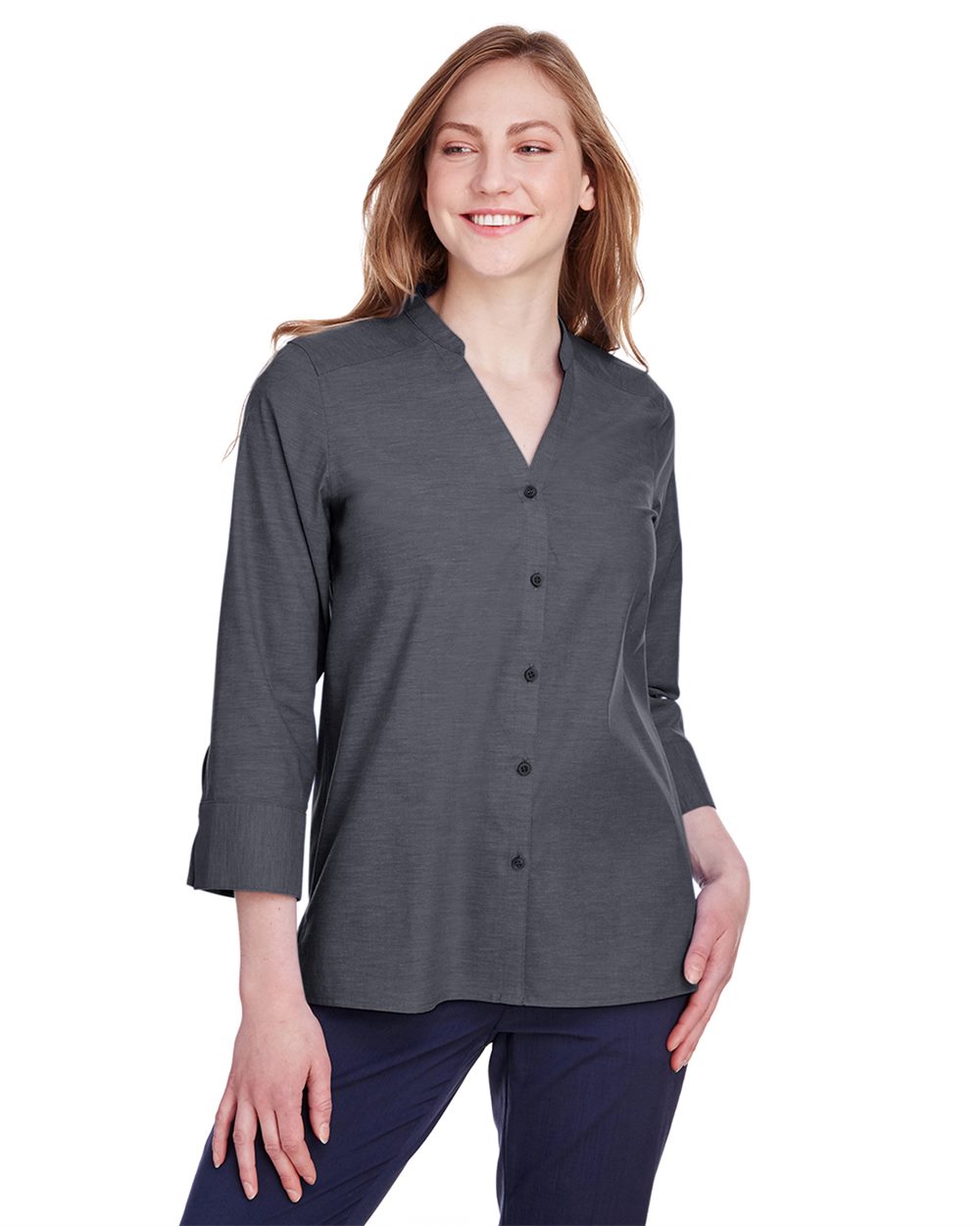 Devon & Jones Women's Crown Collection&reg; Stretch Pinpoint Chambra Three-Quarter Sleeve Shirt - DG562W