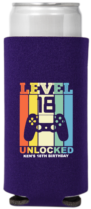 Level 18 Unlocked Birthday Full Color Slim Can Coolers
