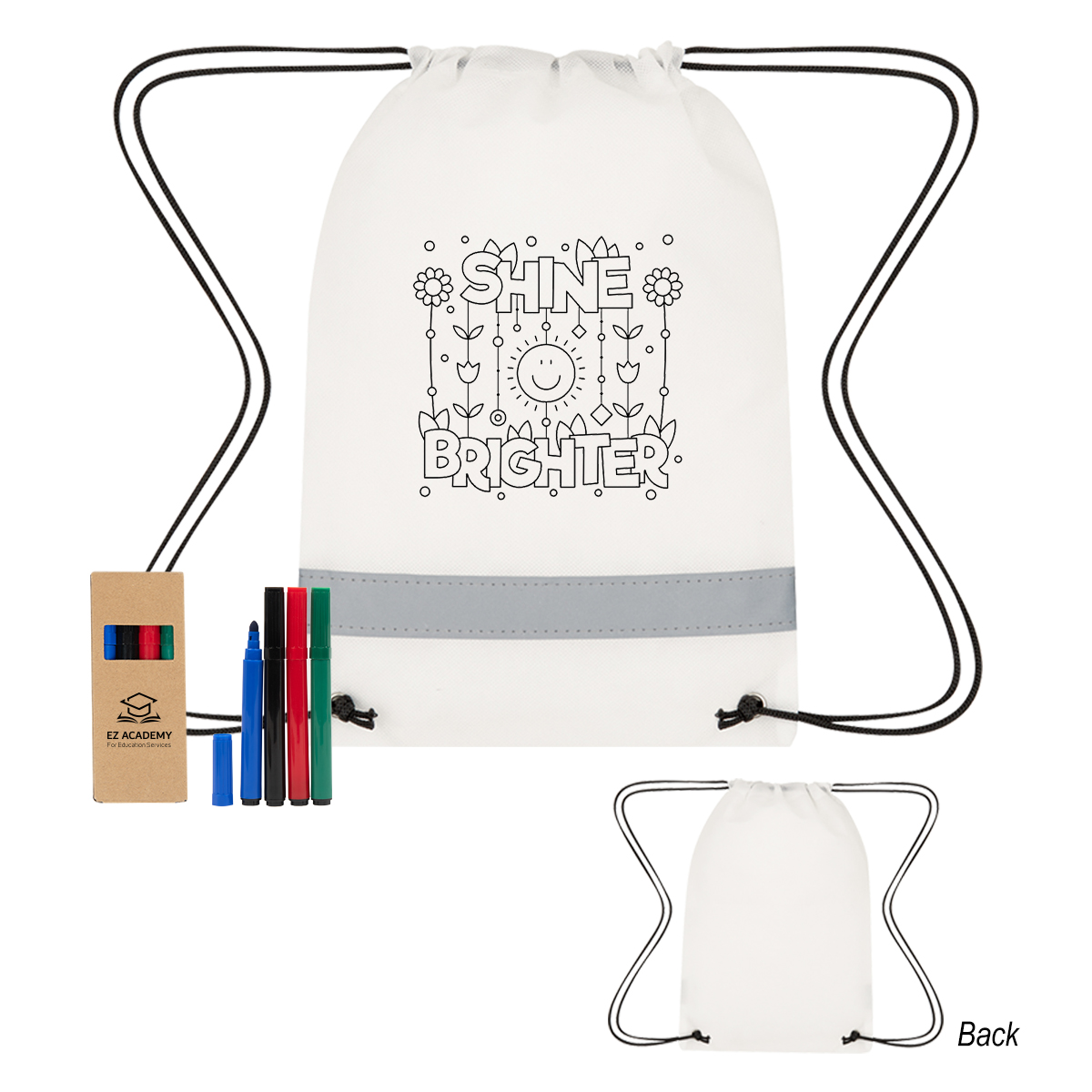 Lil' Bit Reflective Non-Woven Coloring Drawstring Bag With 4-Piece Washable Marker Set
