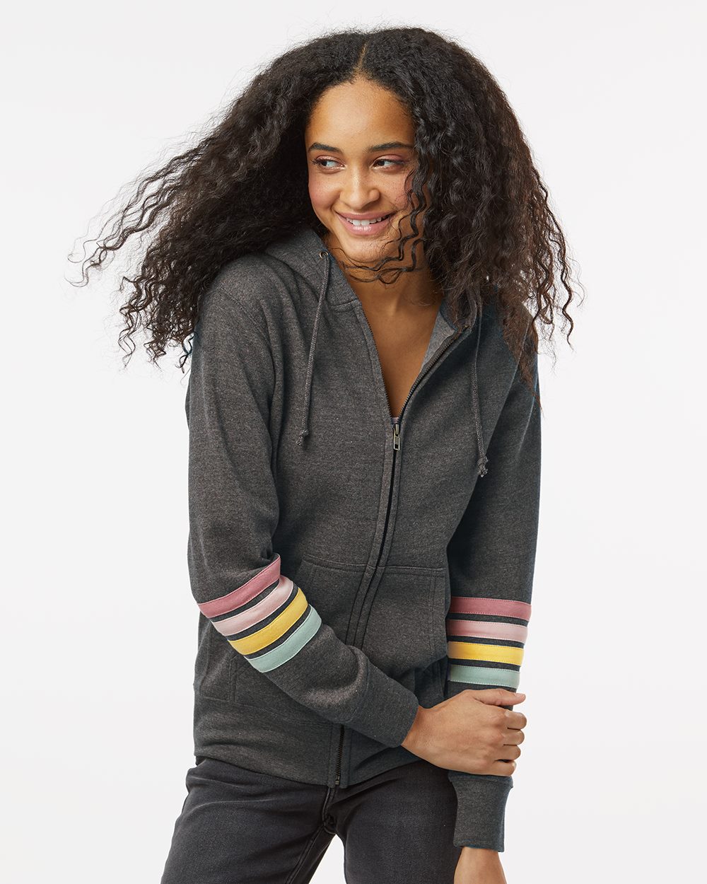 MV Sport Women's Striped Sleeves Full-Zip Hooded Sweatshirt - W22732