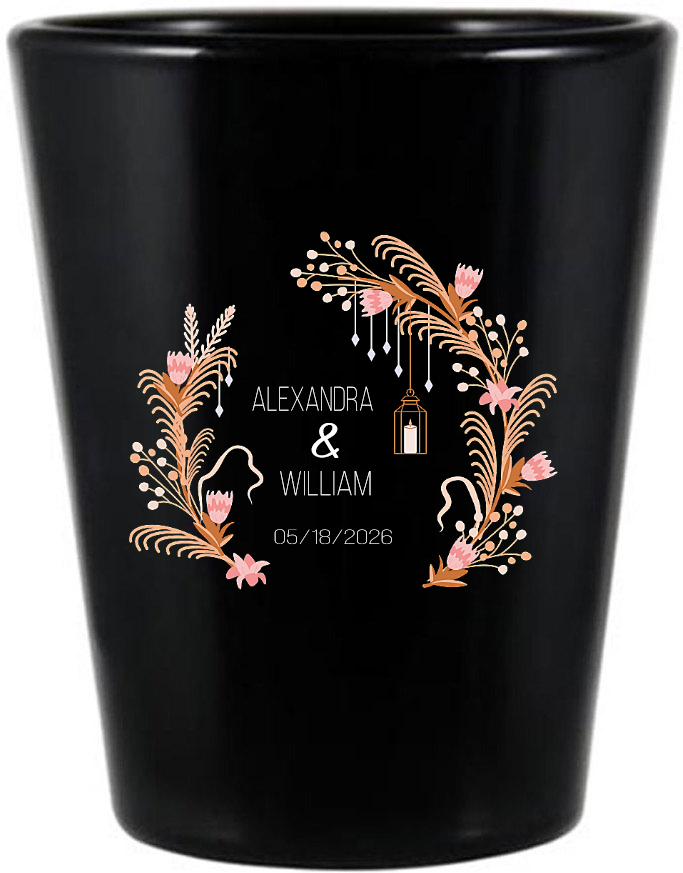 Personalized Bohemian Lights And Florals Wedding Black Shot Glasses