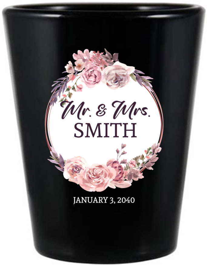 Personalized Classic Wedding Floral Wreath Black Shot Glasses