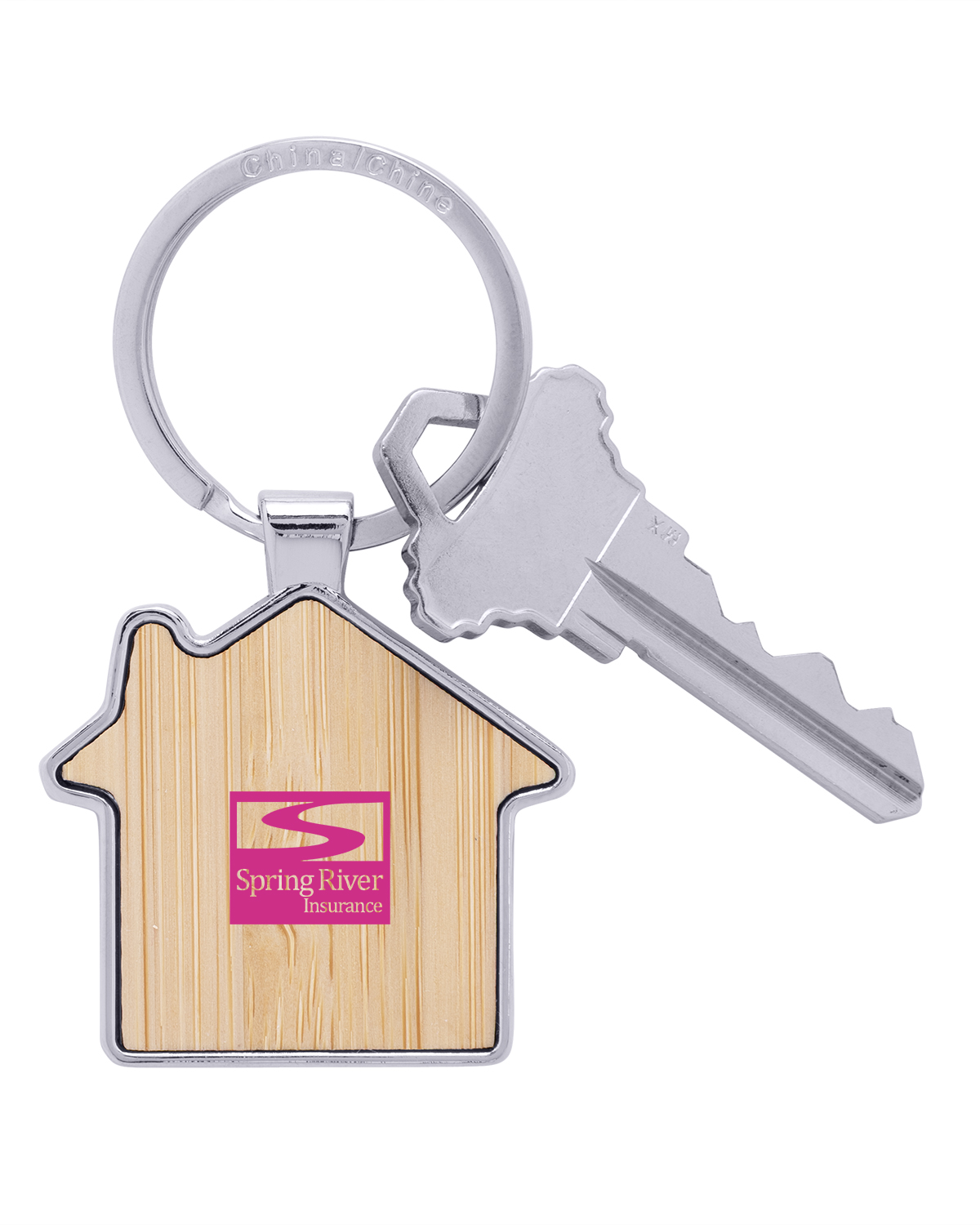 Bamboo & Metal House Keychain