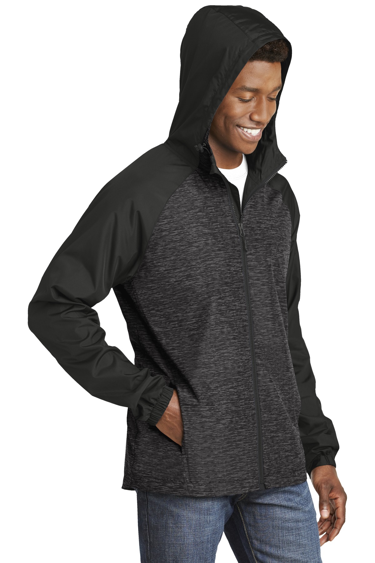 Sport-Tek Heather Colorblock Raglan Hooded Wind Jacket.