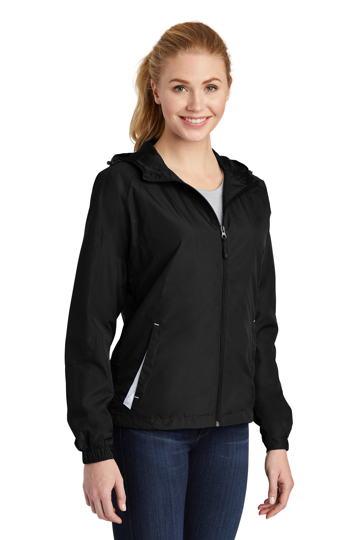 Sport-Tek Women's Colorblock Hooded Raglan Jacket.