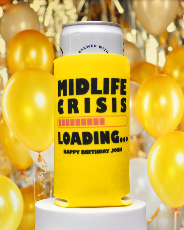 Mid Life Crisis Loading Birthday Full Color Slim Can Coolers - Koozie
