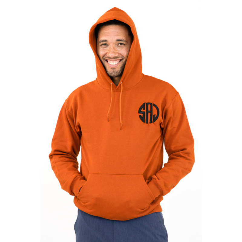 man wearing orange hoodie