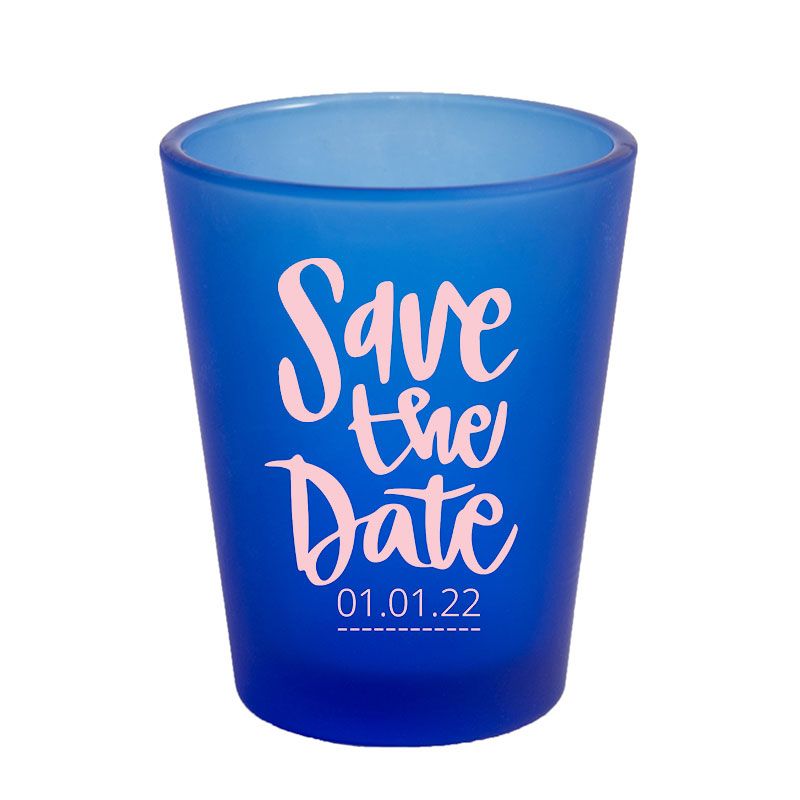 1.75 Oz Frosted Blue Shot Glass with Pink Imprint Color - Alcohol